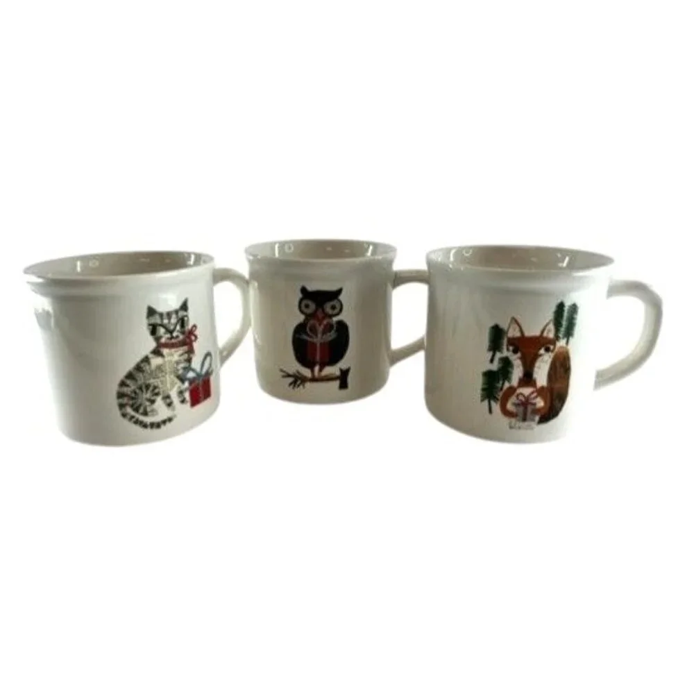 3 POTTERY BARN DENISE FIEDLER WHIMSICAL CAT,FOX & OWL MUGS -A FUN TASTE OF NATUR